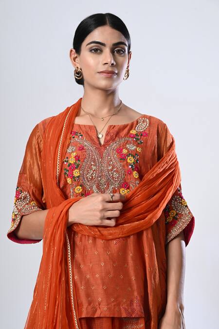 Shop_5cross Ajit Kumar_Orange , Satin, Chiffon Embroidery Paisley Short Top And Pant Set _Online_at_Aza_Fashions
