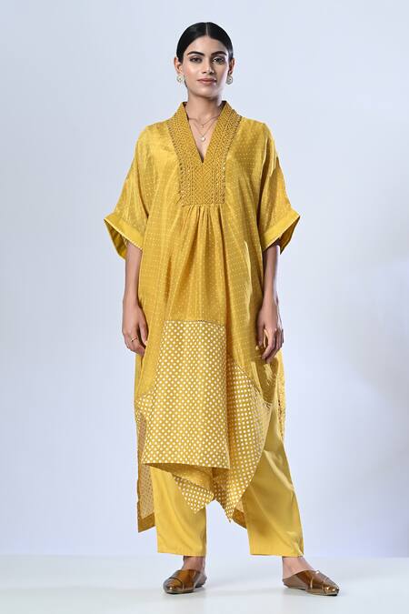 5cross Ajit Kumar_Yellow Viscose, , Satin Beads, Sequins Butti Print Kaftan With Pant _Online_at_Aza_Fashions