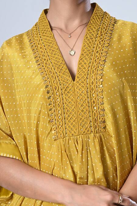 Shop_5cross Ajit Kumar_Yellow Viscose, , Satin Beads, Sequins Butti Print Kaftan With Pant _Online_at_Aza_Fashions