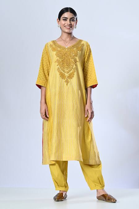 5cross Ajit Kumar_Yellow Chanderi, Cotton Satin, Silk Organza Tonal Embroidered Kurta Pant Set _Online_at_Aza_Fashions