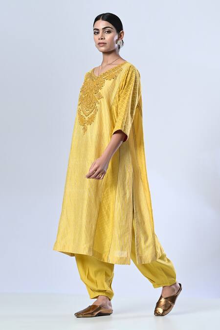 Buy_5cross Ajit Kumar_Yellow Chanderi, Cotton Satin, Silk Organza Tonal Embroidered Kurta Pant Set _Online_at_Aza_Fashions
