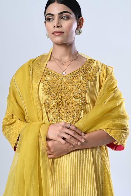 Shop_5cross Ajit Kumar_Yellow Chanderi, Cotton Satin, Silk Organza Tonal Embroidered Kurta Pant Set _Online_at_Aza_Fashions