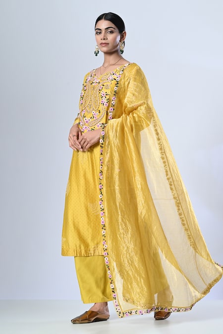 5cross Ajit Kumar Yellow Chanderi Kurta Print Butti V Neck Ditsy Floral Embroidered Pant Set 