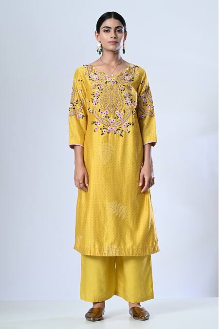 5cross Ajit Kumar_Yellow Chanderi, Tissue, Cotton Satin Embroidery, Ditsy Floral Kurta Pant Set _Online_at_Aza_Fashions