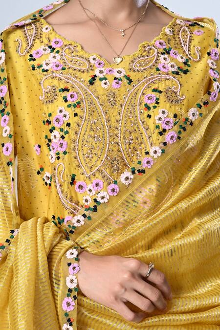 Shop_5cross Ajit Kumar_Yellow Chanderi, Tissue, Cotton Satin Embroidery, Ditsy Floral Kurta Pant Set _Online_at_Aza_Fashions