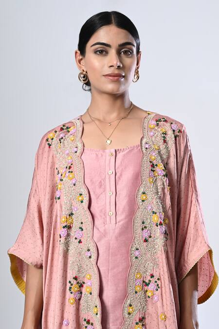 Buy_5cross Ajit Kumar_Pink Modal, Satin Embroidery Open Neck Scallop Floral Shrug Dhoti Pant Set _Online_at_Aza_Fashions