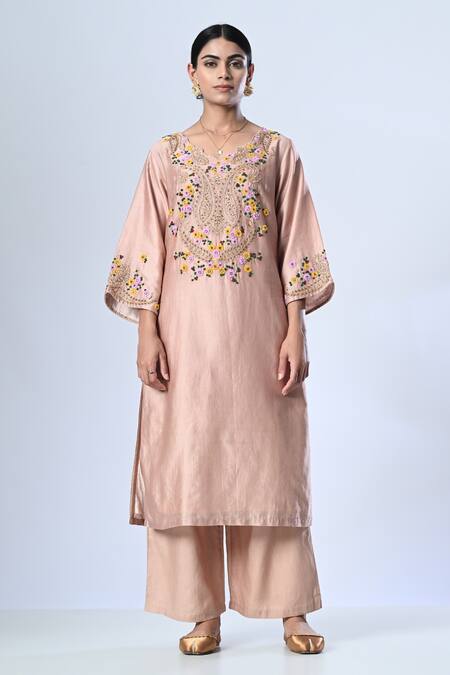 5cross Ajit Kumar_Pink Chanderi, Cotton Satin, Chiffon Beads, Ditsy Floret Kurta Palazzo Set _Online_at_Aza_Fashions