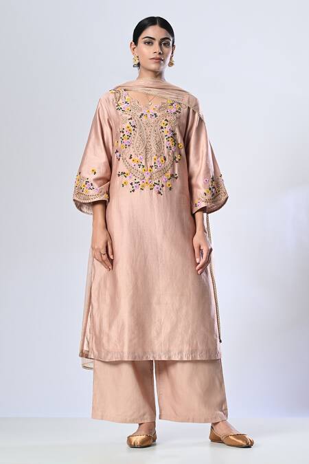 Buy_5cross Ajit Kumar_Pink Chanderi, Cotton Satin, Chiffon Beads, Ditsy Floret Kurta Palazzo Set _Online_at_Aza_Fashions