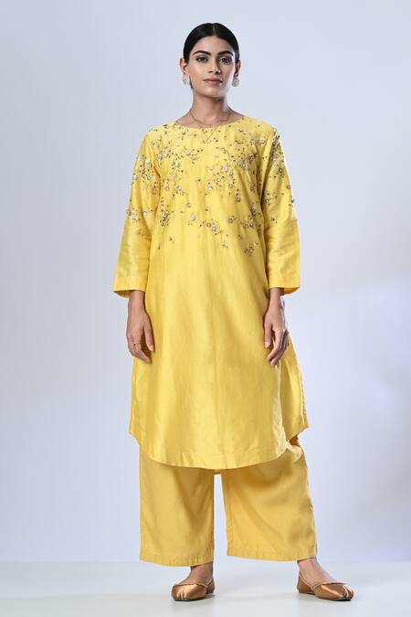 5cross Ajit Kumar_Yellow Chanderi, Cotton Satin, Chiffon Embroidery Flower Vine Kurta Palazzo Set _Online_at_Aza_Fashions