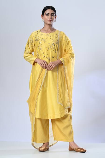Buy_5cross Ajit Kumar_Yellow Chanderi, Cotton Satin, Chiffon Embroidery Flower Vine Kurta Palazzo Set _Online_at_Aza_Fashions