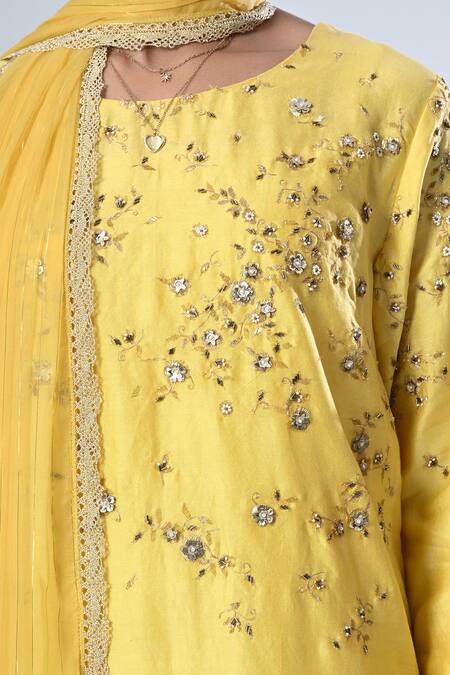 Shop_5cross Ajit Kumar_Yellow Chanderi, Cotton Satin, Chiffon Embroidery Flower Vine Kurta Palazzo Set _Online_at_Aza_Fashions