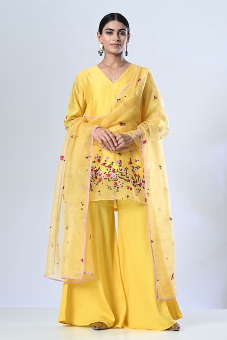 5cross Ajit Kumar Yellow Chanderi Kurta Embroidery Flower Vine V Neck Placement Sharara Set 