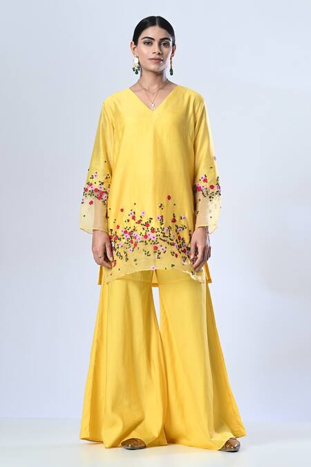 5cross Ajit Kumar_Yellow Chanderi, Cotton Satin, Silk Placement Flower Vine Kurta Sharara Set _Online_at_Aza_Fashions