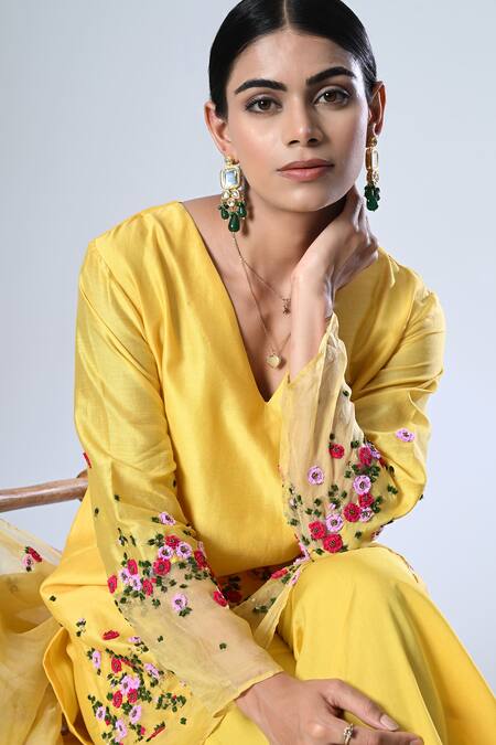 Buy_5cross Ajit Kumar_Yellow Chanderi, Cotton Satin, Silk Placement Flower Vine Kurta Sharara Set _Online_at_Aza_Fashions