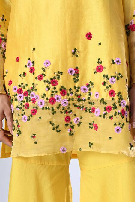 Shop_5cross Ajit Kumar_Yellow Chanderi, Cotton Satin, Silk Placement Flower Vine Kurta Sharara Set _Online_at_Aza_Fashions