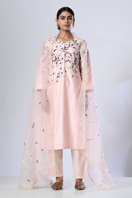 Buy_5cross Ajit Kumar_Pink Chanderi, Cotton Satin, Silk Organza Embroidery Round Neck Kurta Pant Set _Online_at_Aza_Fashions