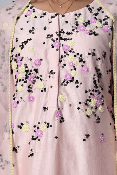 Shop_5cross Ajit Kumar_Pink Chanderi, Cotton Satin, Silk Organza Embroidery Round Neck Kurta Pant Set _Online_at_Aza_Fashions