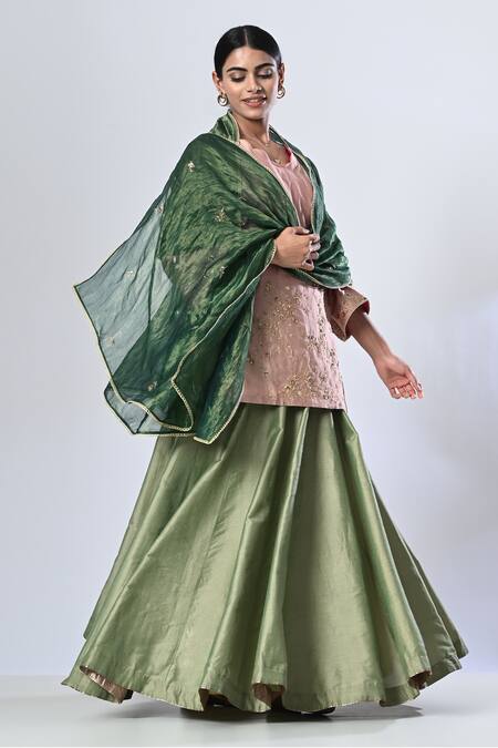 Shop_5cross Ajit Kumar_Pink Chanderi, Tissue Embroidery V-neck Floral Kurta And Contrast Lehenga Set _Online_at_Aza_Fashions