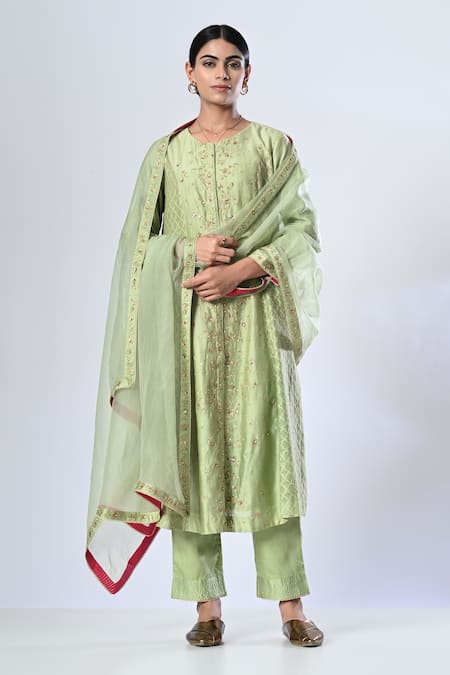 5cross Ajit Kumar Green Chanderi Kurta Print Butti Round Princess Seam Embroidered Palazzo Set 