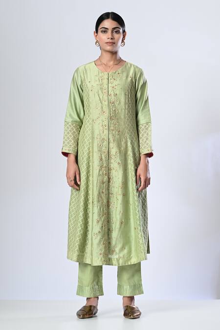 5cross Ajit Kumar_Green Chanderi, Cotton Satin, Silk Organza Princess Seam Kurta Palazzo Set _Online_at_Aza_Fashions