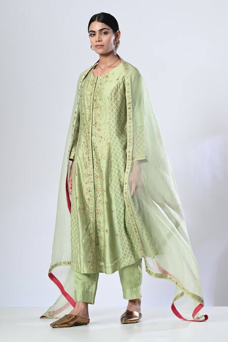 Buy_5cross Ajit Kumar_Green Chanderi, Cotton Satin, Silk Organza Princess Seam Kurta Palazzo Set _Online_at_Aza_Fashions