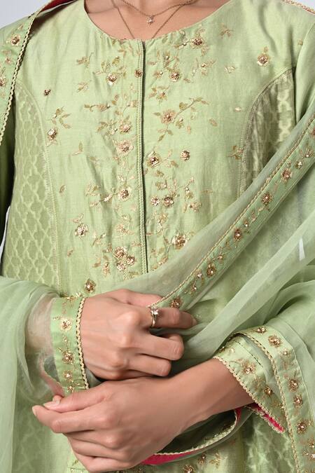 Shop_5cross Ajit Kumar_Green Chanderi, Cotton Satin, Silk Organza Princess Seam Kurta Palazzo Set _Online_at_Aza_Fashions