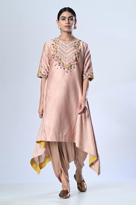 Buy 5cross Ajit Kumar Pink Chanderi, Chiffon, Modal, Satin Embroidery Floral Kurta Dhoti Pant Set Online at Aza Fashions Buy_5cross Ajit Kumar_Pink Chanderi, Chiffon, Modal, Satin Embroidery Floral Kurta Dhoti Pant Set _Online_at_Aza_Fashions