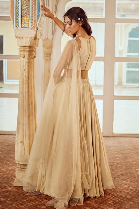 Shop_Nikita Vishakha_Beige Silk, Viscose, Net Pearls, Applique Big Flower Embroidered Lehenga Set _at_Aza_Fashions