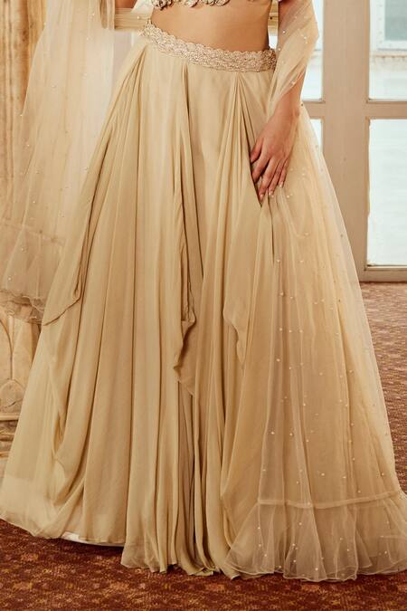 Nikita Vishakha_Beige Silk, Viscose, Net Pearls, Applique Big Flower Embroidered Lehenga Set _Online_at_Aza_Fashions