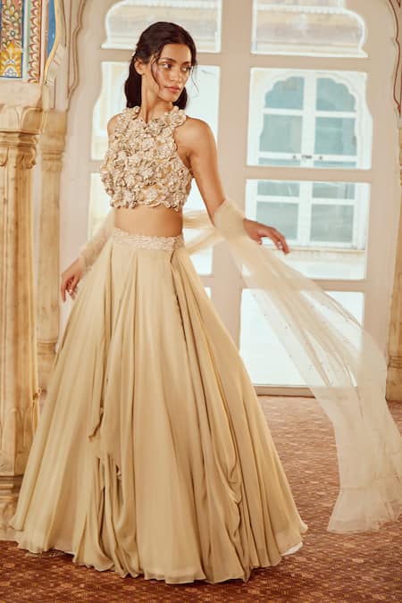 Buy_Nikita Vishakha_Beige Silk, Viscose, Net Pearls, Applique Big Flower Embroidered Lehenga Set _Online_at_Aza_Fashions