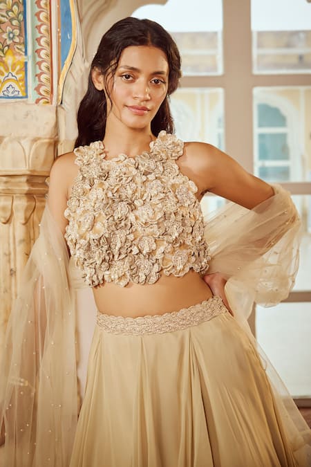 Shop_Nikita Vishakha_Beige Silk, Viscose, Net Pearls, Applique Big Flower Embroidered Lehenga Set _Online_at_Aza_Fashions