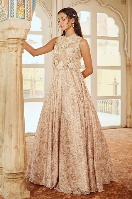 Nikita Vishakha_White Net Pearls, Applique Round Neck Floral Print Flared Flap Gown _Online_at_Aza_Fashions