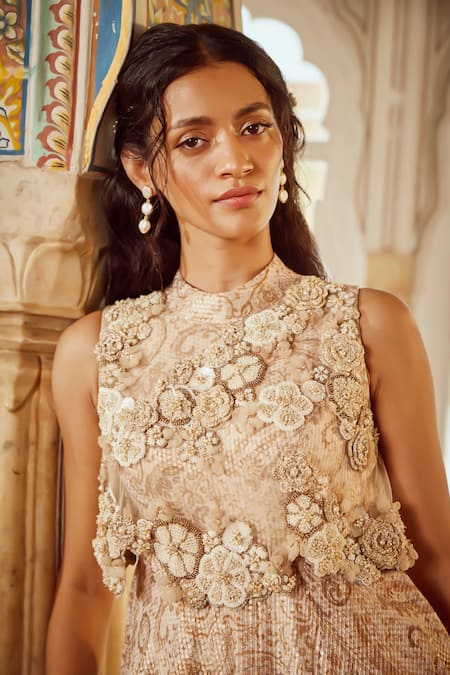 Buy_Nikita Vishakha_White Net Pearls, Applique Round Neck Floral Print Flared Flap Gown _Online_at_Aza_Fashions