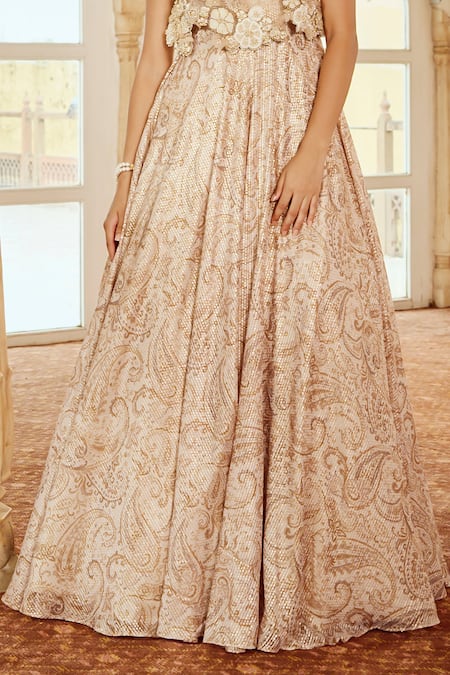 Shop_Nikita Vishakha_White Net Pearls, Applique Round Neck Floral Print Flared Flap Gown _Online_at_Aza_Fashions