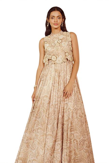 Nikita Vishakha_White Net Pearls, Applique Round Neck Floral Print Flared Flap Gown _at_Aza_Fashions