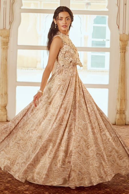 Buy_Nikita Vishakha_White Net Pearls, Applique Round Neck Floral Print Flared Flap Gown 