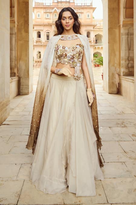 Nikita Vishakha Beige Blouse Raw Silk Embroidery Pearls Cutwork Floral And Lehenga Set 