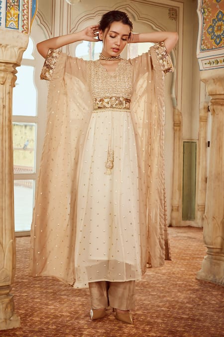 Nikita Vishakha_Brown Organza, Silk, Cotton Pearls, Embroidered Asymmetric Kaftan And Pant Set _Online_at_Aza_Fashions