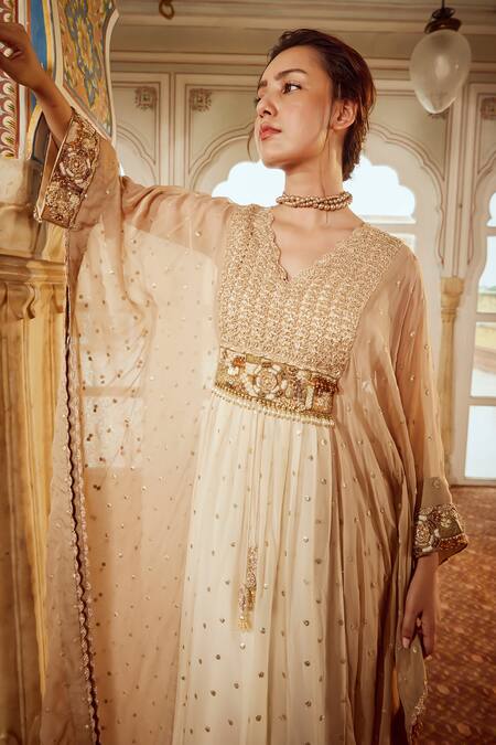 Buy_Nikita Vishakha_Brown Organza, Silk, Cotton Pearls, Embroidered Asymmetric Kaftan And Pant Set _Online_at_Aza_Fashions
