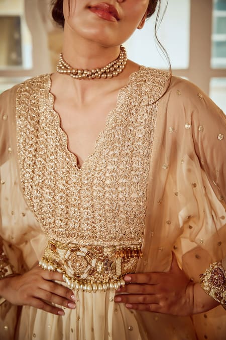 Shop_Nikita Vishakha_Brown Organza, Silk, Cotton Pearls, Embroidered Asymmetric Kaftan And Pant Set _Online_at_Aza_Fashions