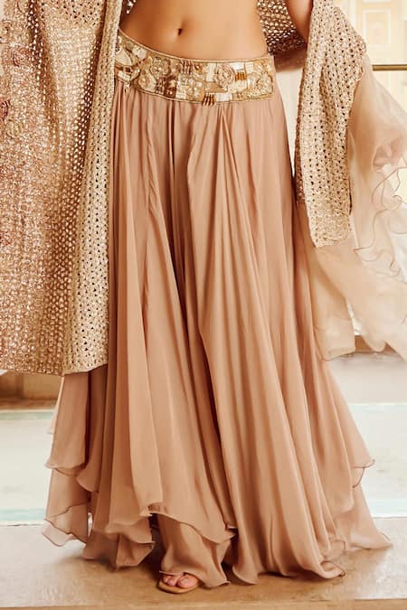 Nikita Vishakha_Brown Silk, Viscose Embroidery, Sequins, Beads, Floral Asymmetric Lehenga Set _at_Aza_Fashions