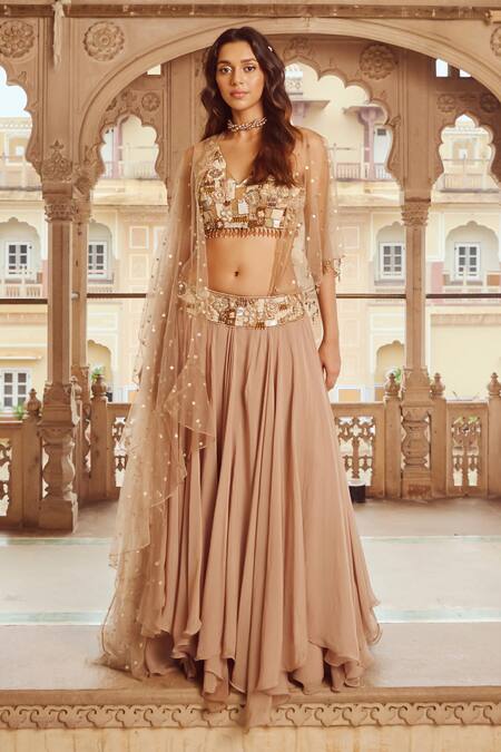 Nikita Vishakha_Brown Silk, Viscose Sequins, Pearls, Floral Embroidered Asymmetric Lehenga Set _Online_at_Aza_Fashions