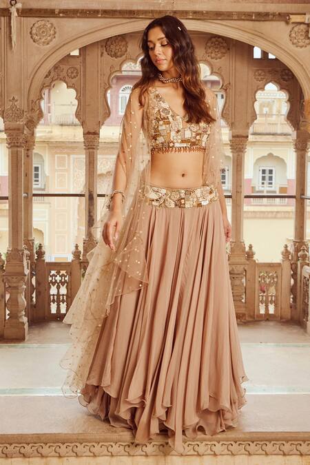Buy_Nikita Vishakha_Brown Silk, Viscose Sequins, Pearls, Floral Embroidered Asymmetric Lehenga Set _Online_at_Aza_Fashions