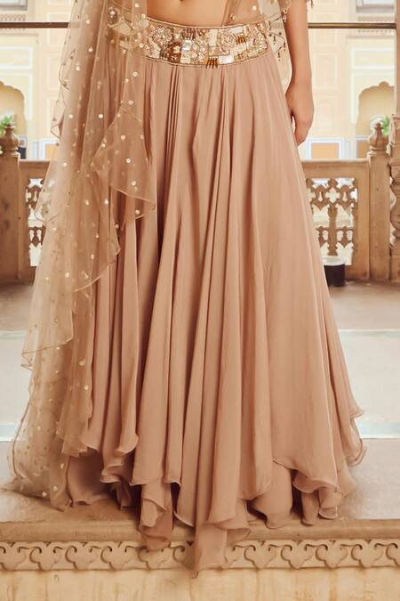 Nikita Vishakha_Brown Silk, Viscose Sequins, Pearls, Floral Embroidered Asymmetric Lehenga Set _at_Aza_Fashions