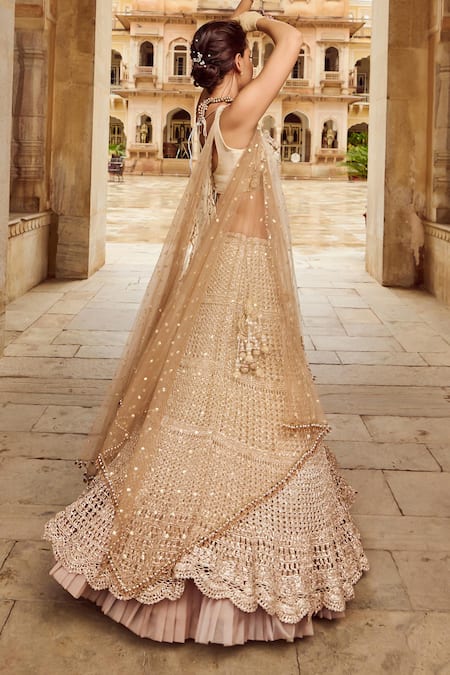Buy_Nikita Vishakha_Brown Silk, Net, Crepe Floral Embroidered Cutwork Blouse And Mesh Lehenga Set _Online_at_Aza_Fashions