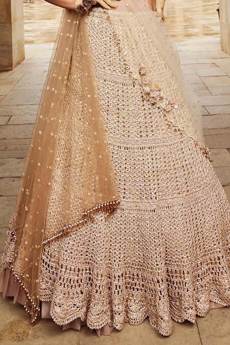 Nikita Vishakha_Brown Silk, Net, Crepe Floral Embroidered Cutwork Blouse And Mesh Lehenga Set _at_Aza_Fashions