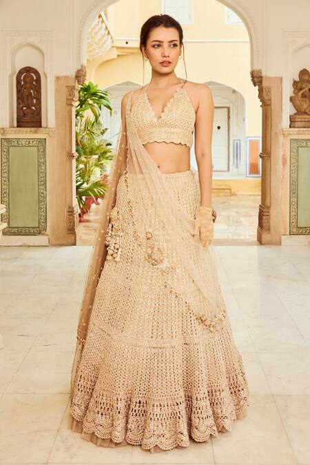 Nikita Vishakha_Brown Silk, Net, Crepe Beads, Sequins, Scallop Mesh Embroidered Lehenga Set _Online_at_Aza_Fashions