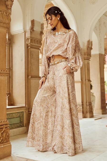 Buy_Nikita Vishakha_Beige Crepe Sequins, Beads, Stones Round Paisley Print Crop Top And Flared Pant _Online_at_Aza_Fashions