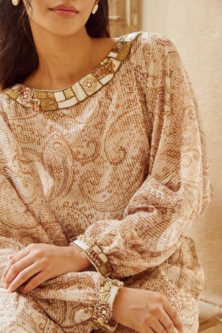 Shop_Nikita Vishakha_Beige Crepe Sequins, Beads, Stones Round Paisley Print Crop Top And Flared Pant _Online_at_Aza_Fashions