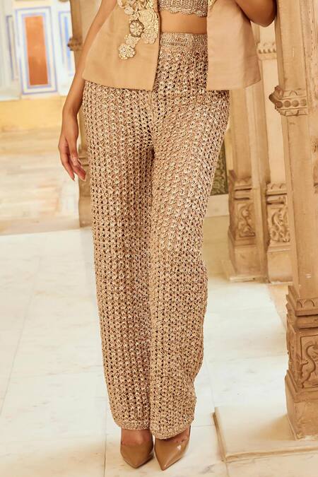 Shop Nikita Vishakha Brown Silk Organza, Cotton Pearls, Floral Embroidered Blazer And Pant Set Online at Aza Fashions Shop_Nikita Vishakha_Brown Silk Organza, Cotton Pearls, Floral Embroidered Blazer And Pant Set _Online_at_Aza_Fashions